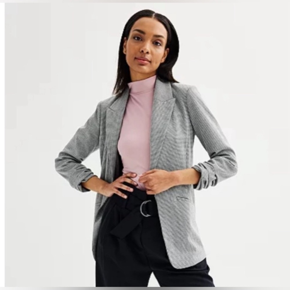 NINE WEST Houndstooth Blazer Jacket Womens 2X Black & White Rouched 3/4 Sleeves